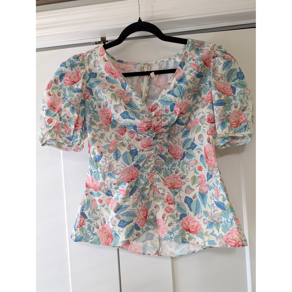 La Vie Rebecca Taylor Floral Puff Sleeve V-Neck Cotton Top Pink Blue M